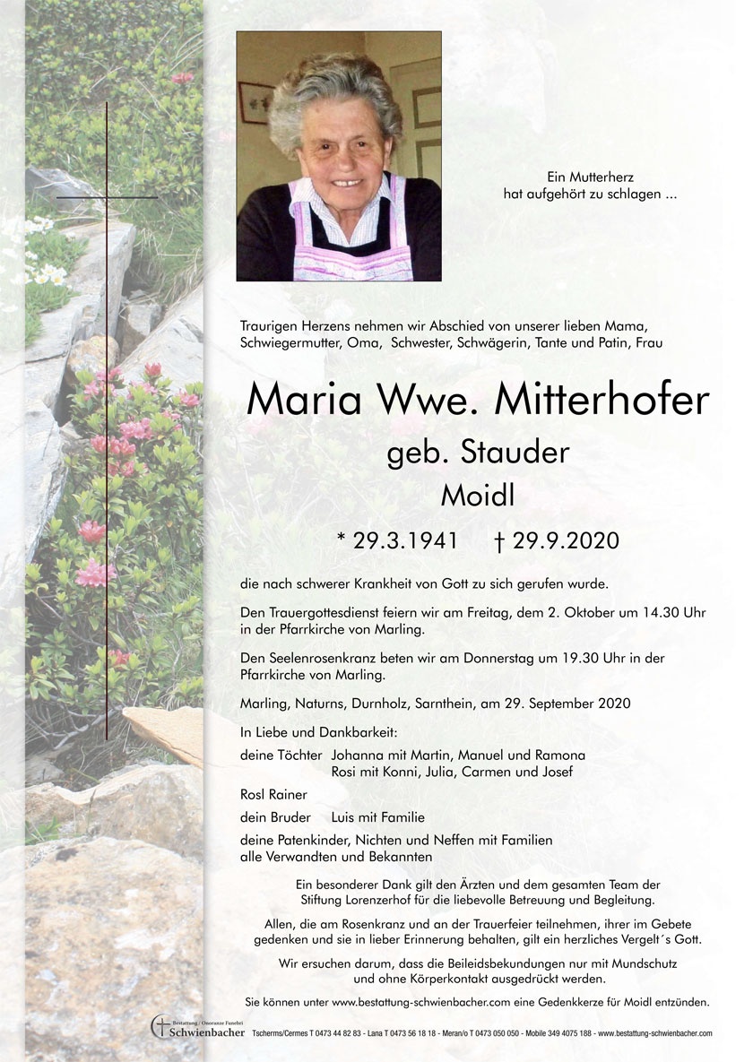 Parte: Maria Wwe. Mitterhofer geb. Stauder 