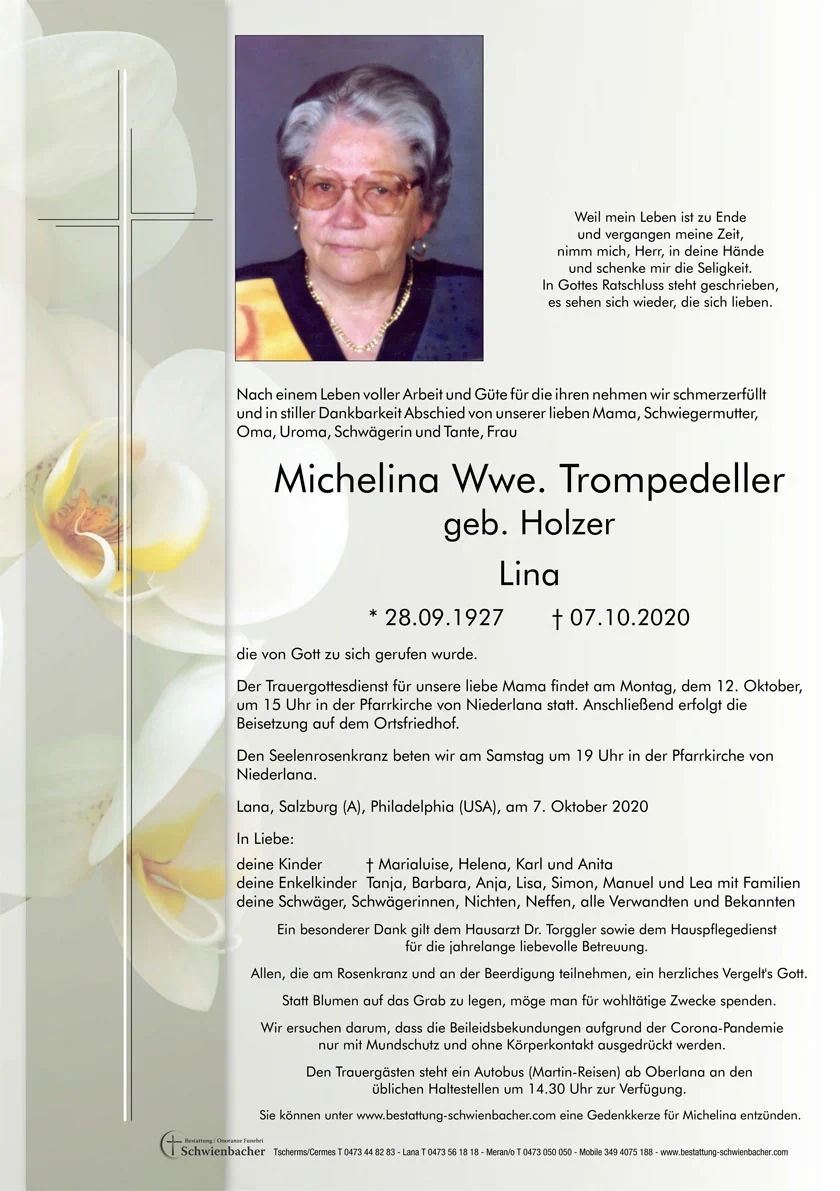 Parte: Michelina Wwe. Trompedeller geb. Holzner 