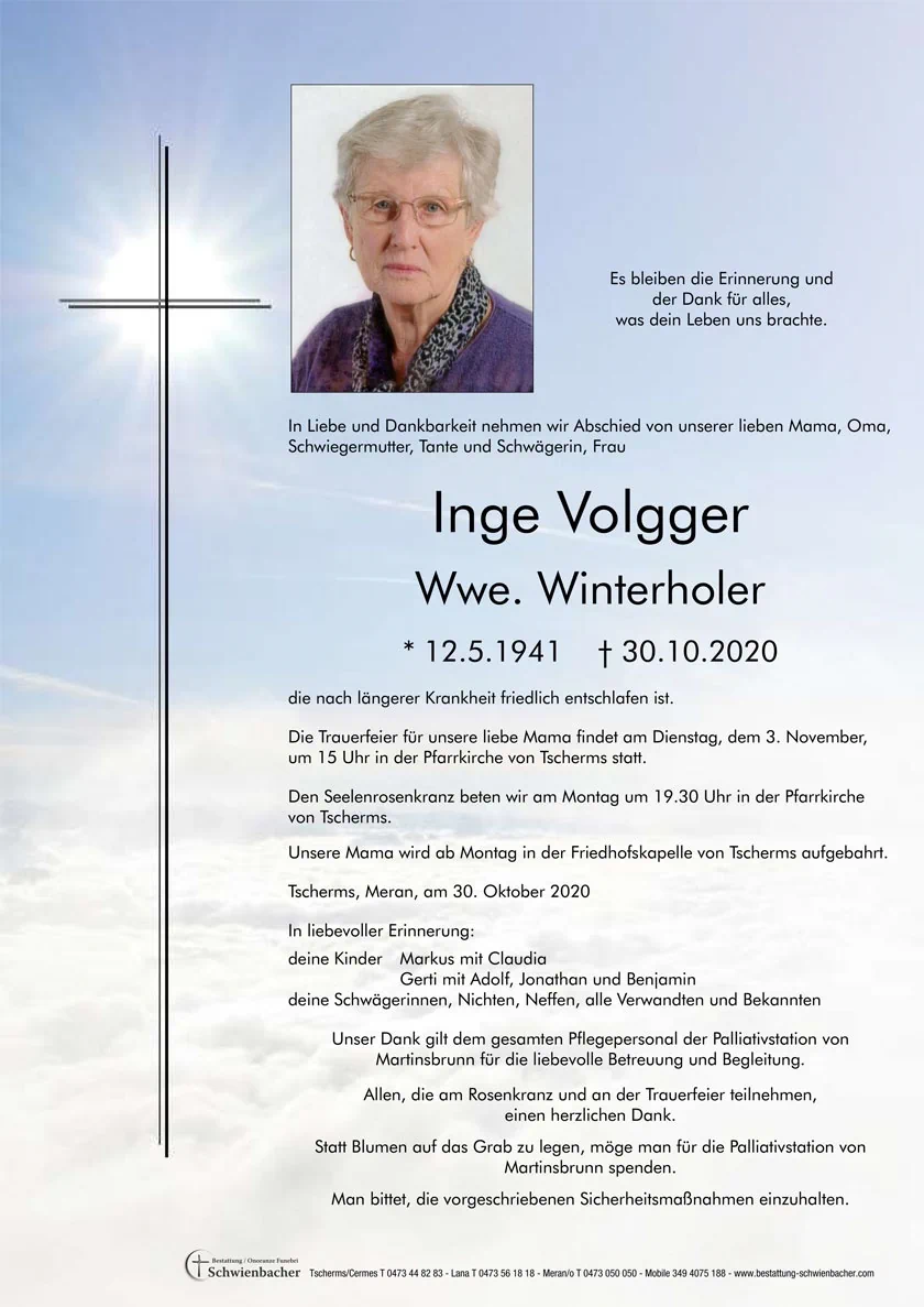 Parte: Inge Volgger Wwe. Winterholer 