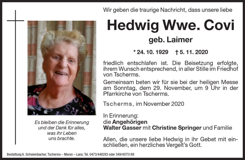 Medien: Hedwig Wwe. Covi geb. Laimer
