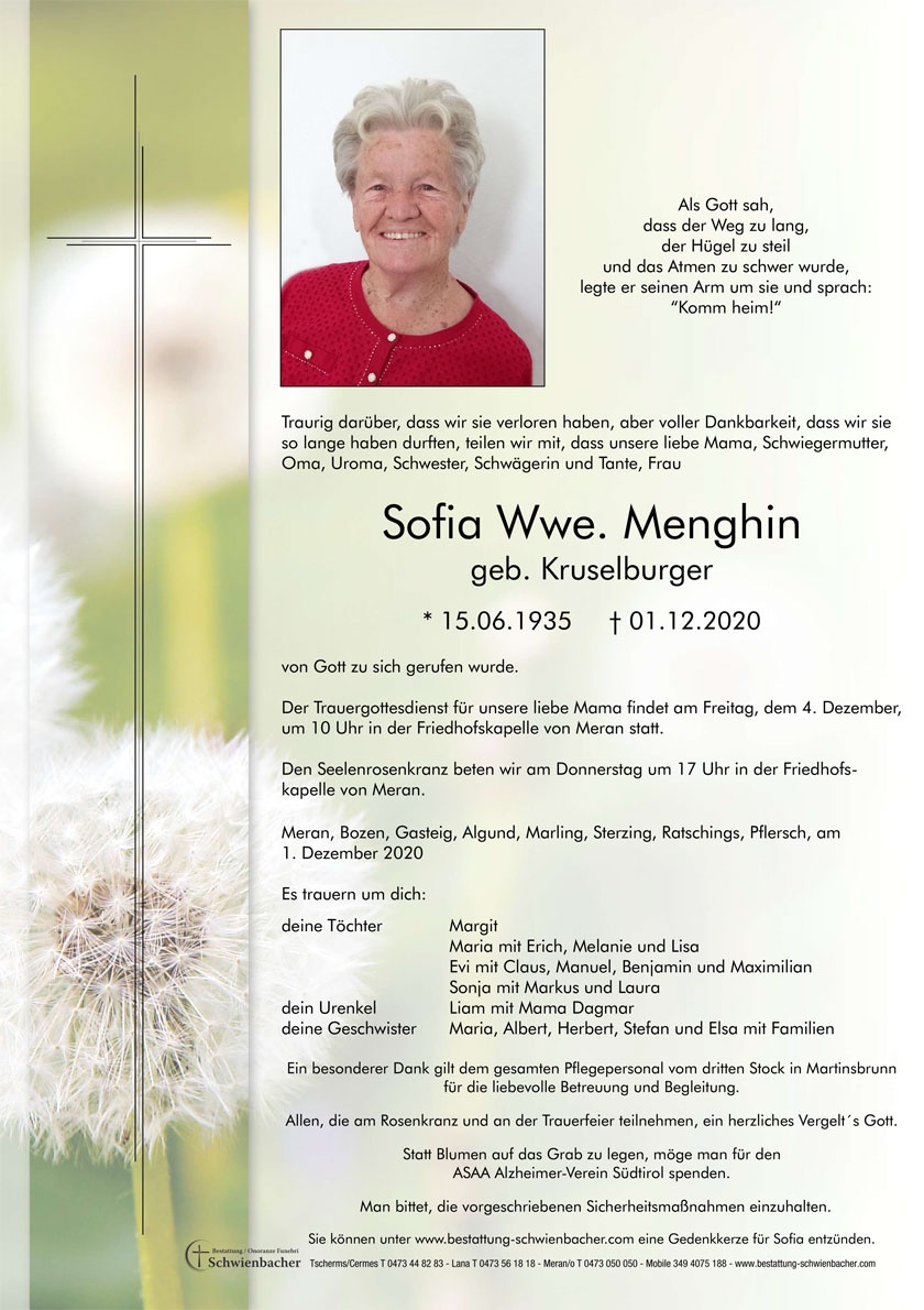 Parte: Sofia Wwe. Menghin geb. Kruselburger 