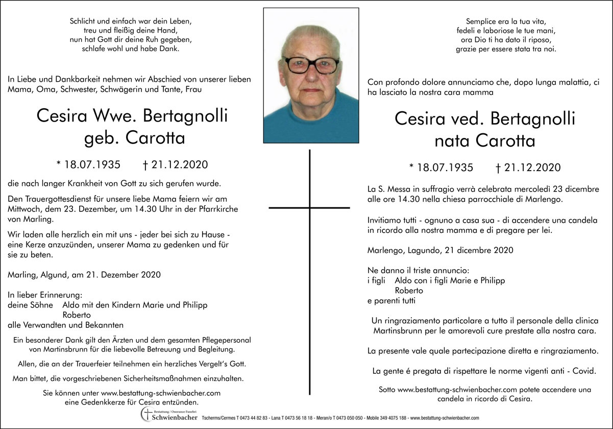 Parte: Cesira ved. Bertagnolli nata Carotta 