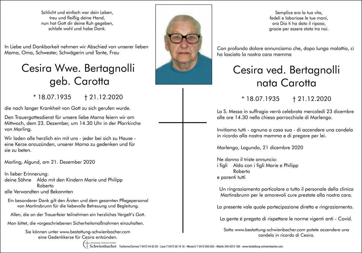 Parte: Cesira ved. Bertagnolli nata Carotta 