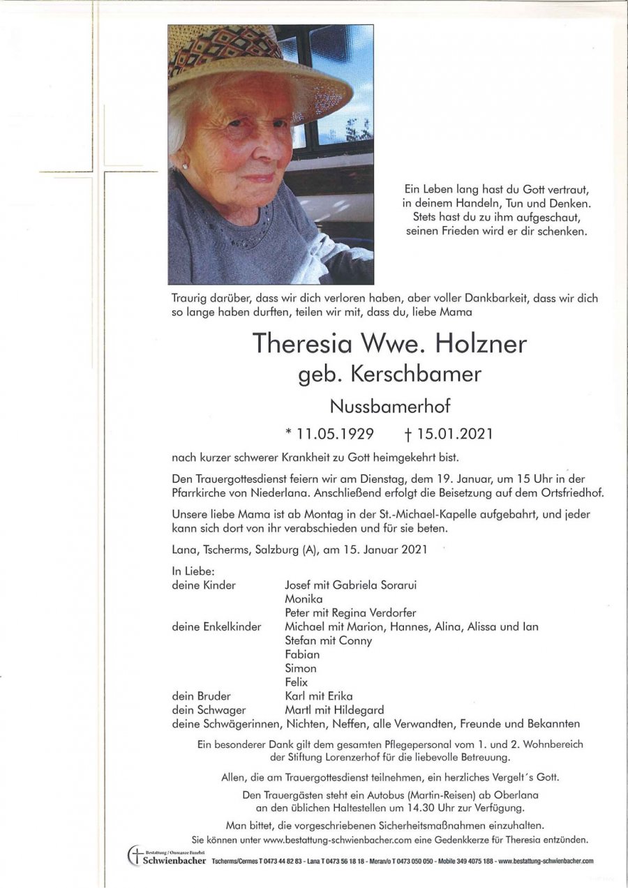 Parte: Theresia Wwe. Holzner geb. Kerschbamer