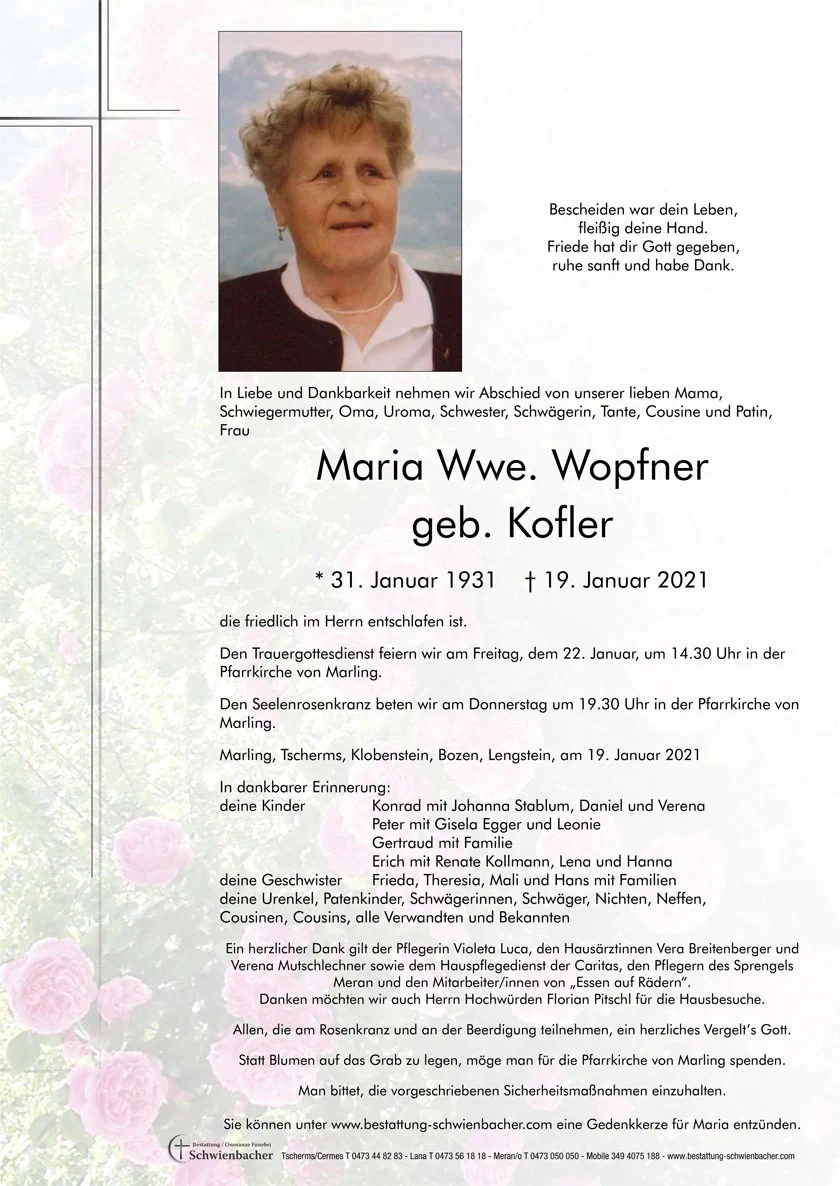 Parte: Maria Wwe. Wopfner geb. Kofler 