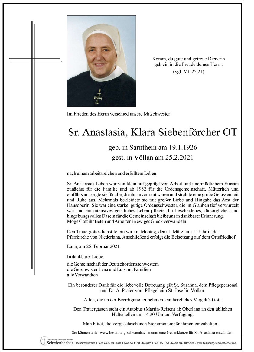 Parte: Sr. Anastasia, Klara Siebenförcher OT 