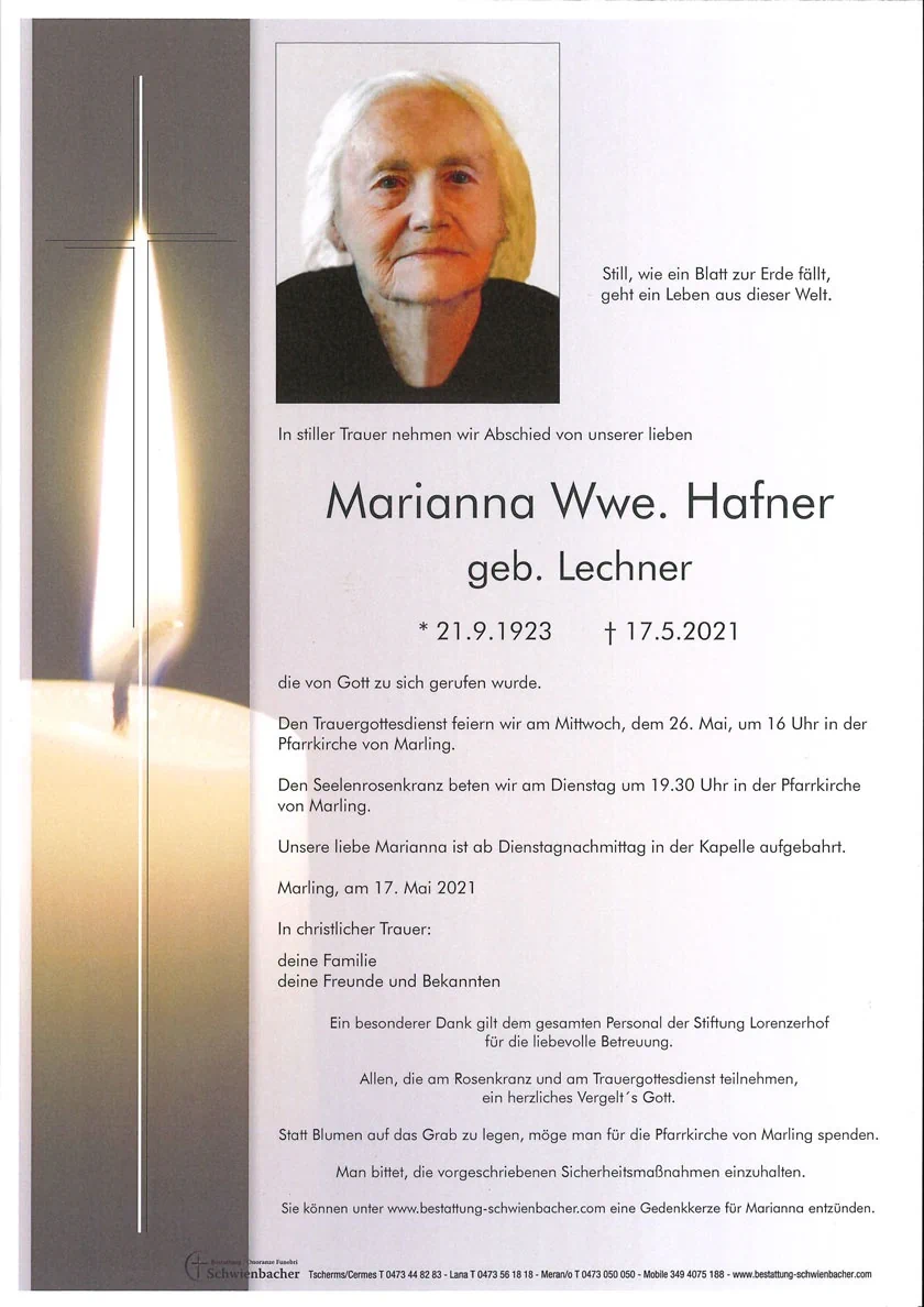 Parte: Marianna Wwe. Hafner geb. Lechner 