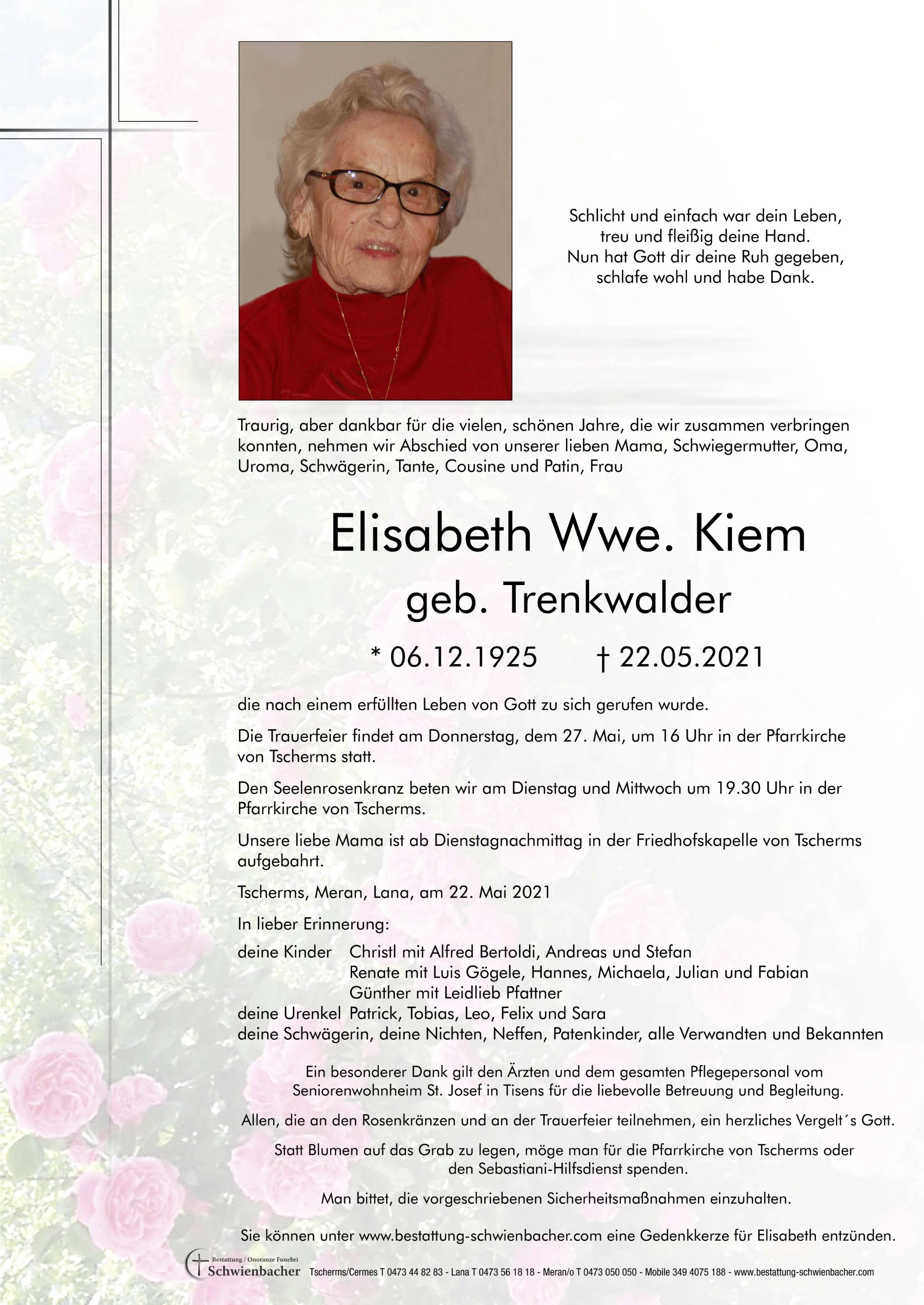 Parte: Elisabeth Wwe. Kiem geb. Trenkwalder 