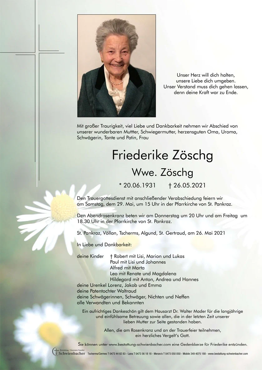 Parte: Friederike Wwe. Zöschg geb. Zöschg 