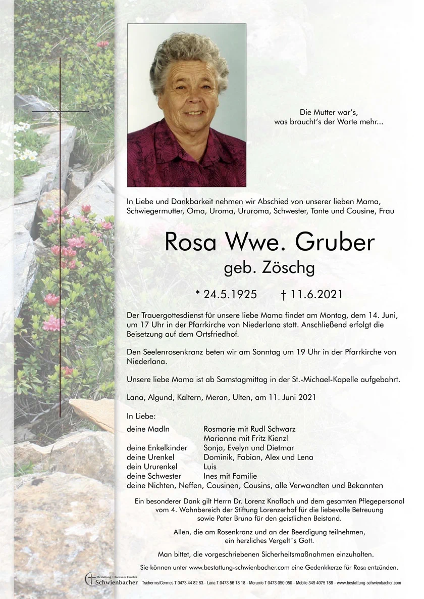 Parte: Rosa Wwe. Gruber geb. Zöschg 