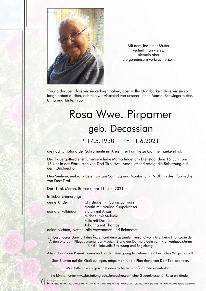 Parte: Rosa Wwe. Pirpamer geb. Decassian 