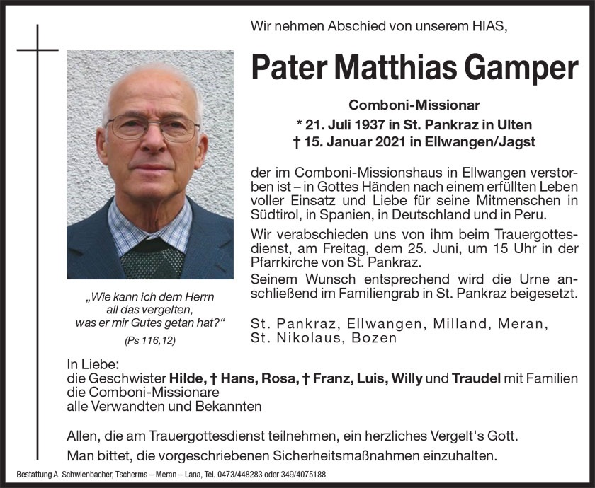 Medien: Pater Matthias Gamper - Comboni-Missionar