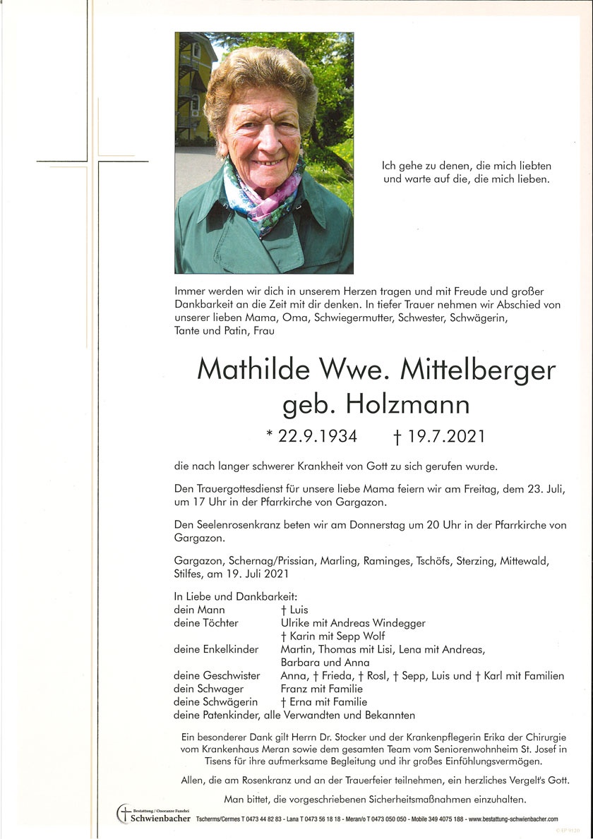 Parte: Mathilde Wwe. Mittelberger geb. Holzmann 