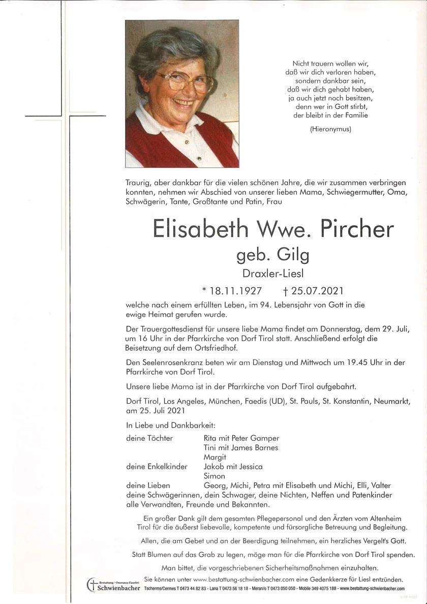 Parte: Elisabeth Wwe. Pircher geb. Gilg 