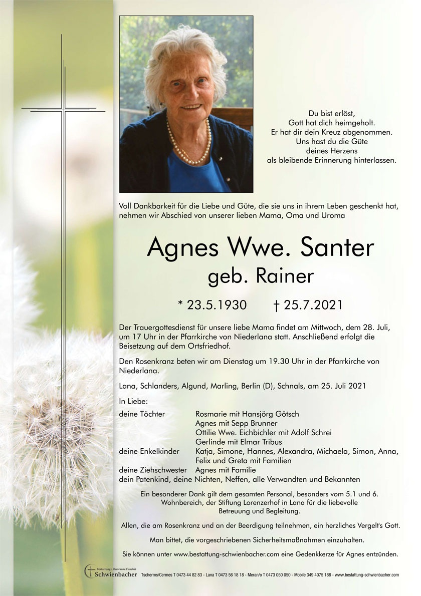 Parte: Agnes Wwe. Santer geb. Rainer 