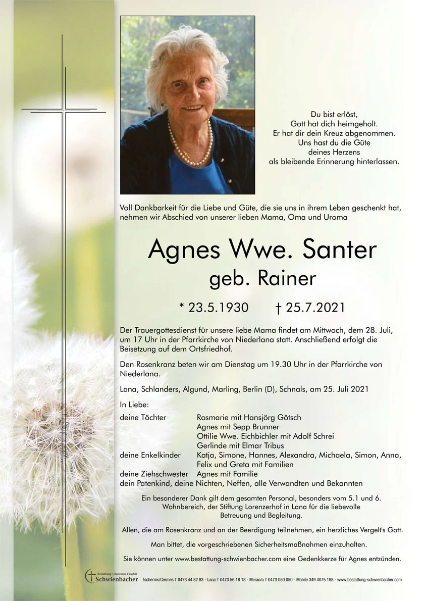 Parte: Agnes Wwe. Santer geb. Rainer 