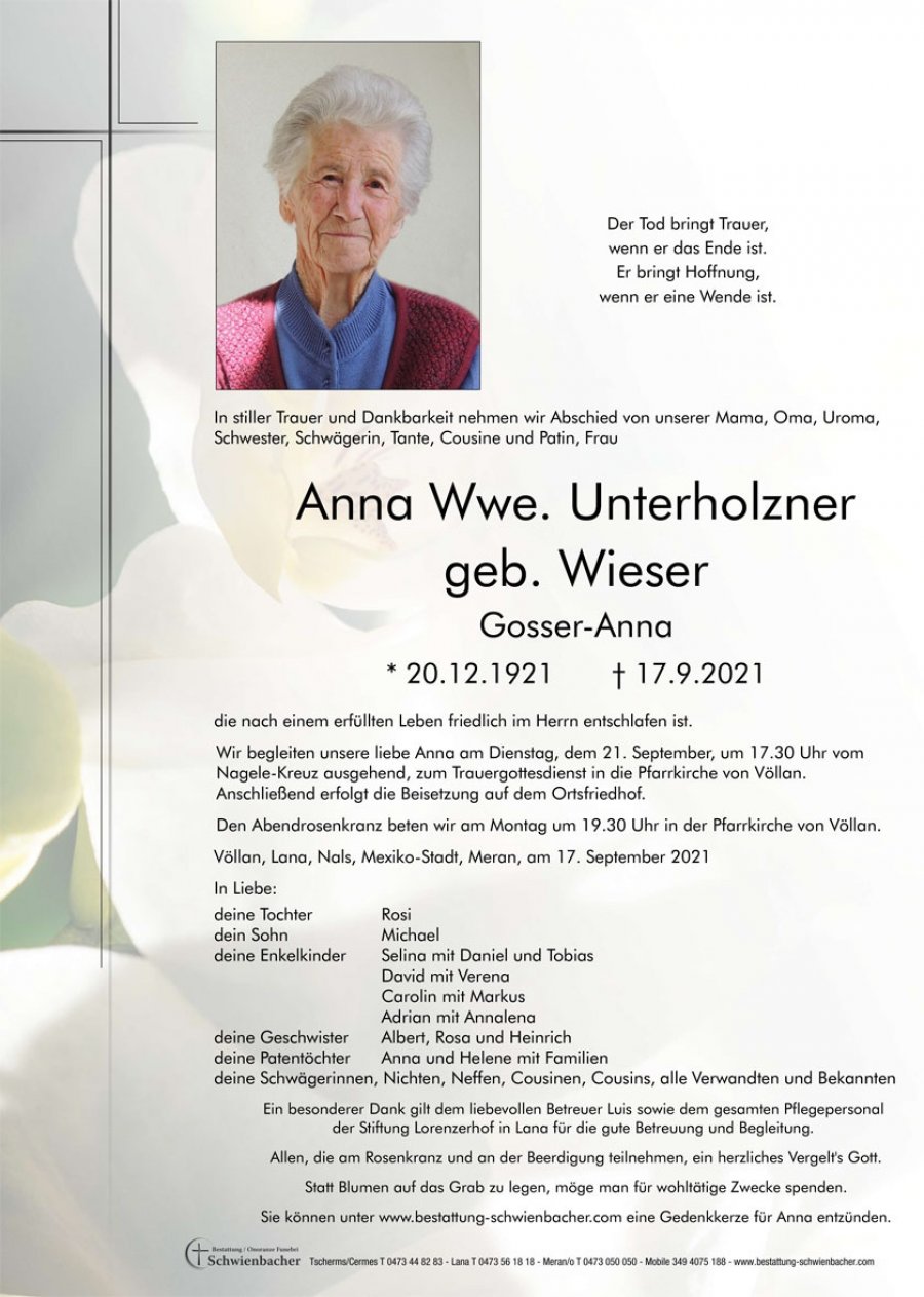 Parte: Anna Wwe. Unterholzner geb. Wieser