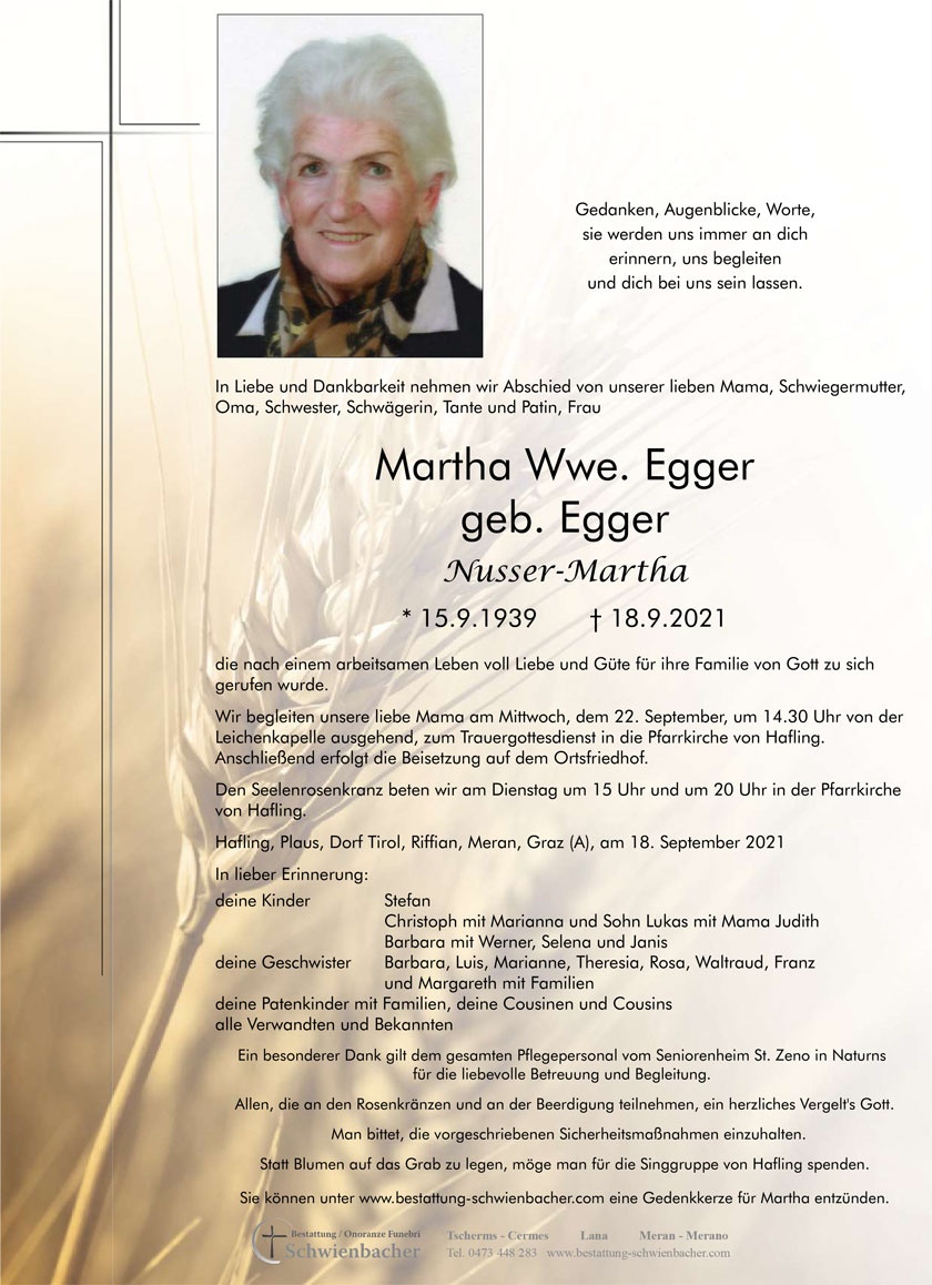 Parte: Martha Wwe. Egger geb. Egger 