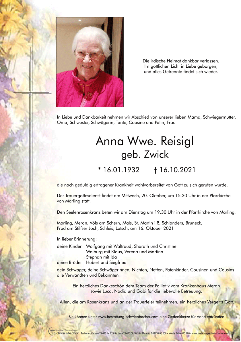 Parte: Anna Wwe. Reisigl geb. Zwick 