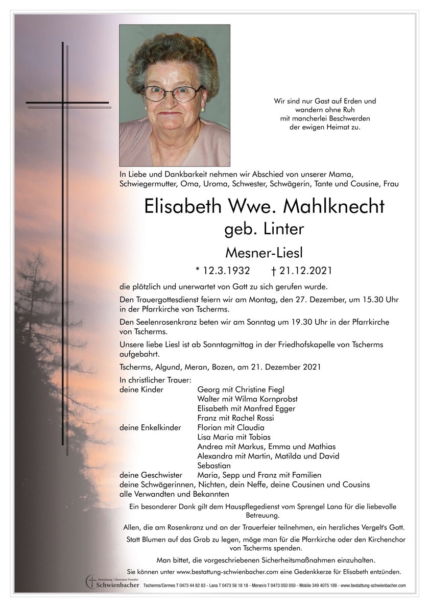 Parte: Elisabeth Wwe. Mahlknecht geb. Linter 