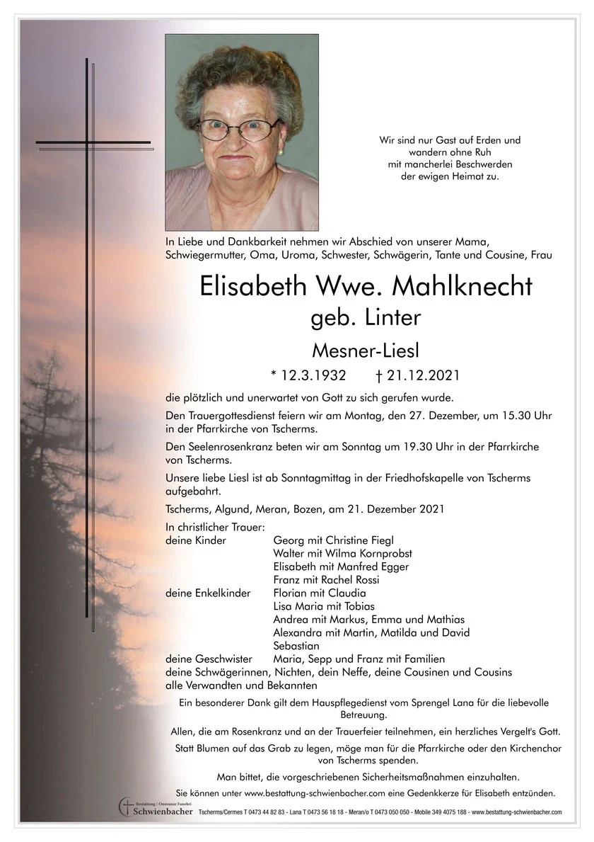 Parte: Elisabeth Wwe. Mahlknecht geb. Linter 