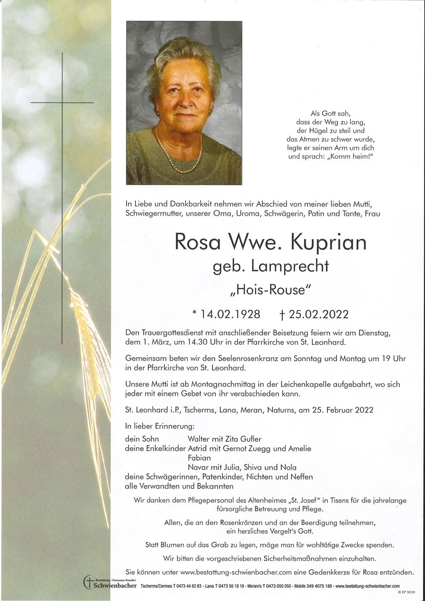 Parte: Rosa Wwe. Kuprian geb. Lamprecht 