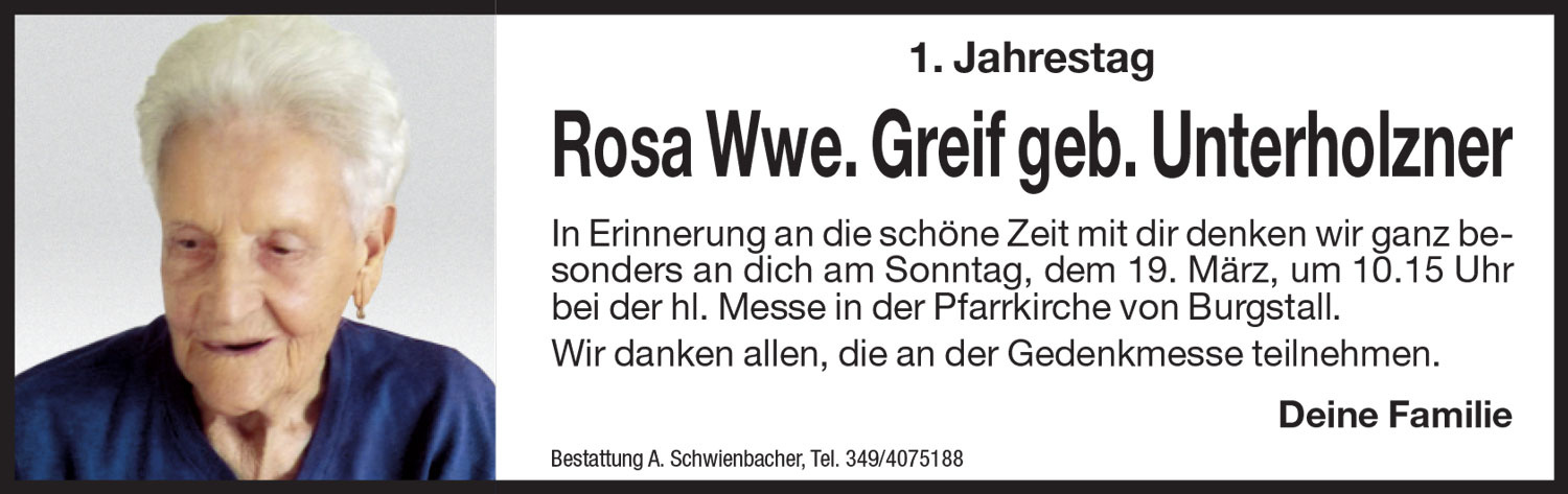 Jahrtag: Rosa Wwe. Greif geb. Unterholzner