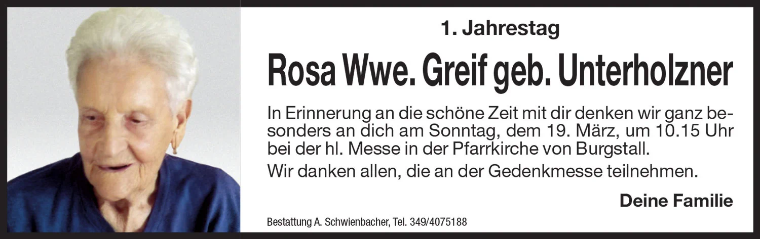Jahrtag: Rosa Wwe. Greif geb. Unterholzner