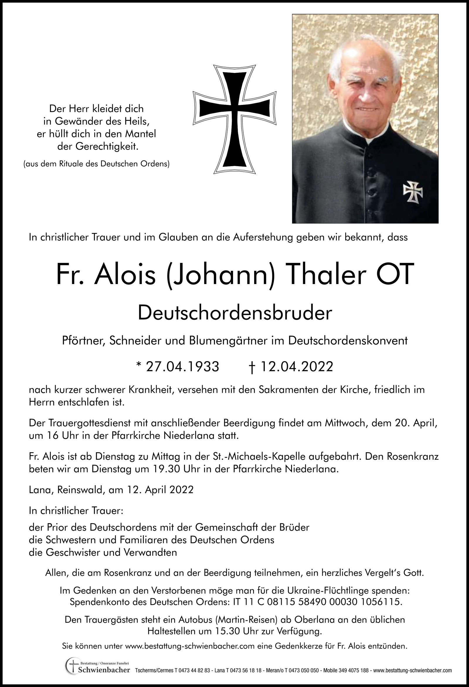 Parte: Fr. Alois (Johann) Thaler OT 