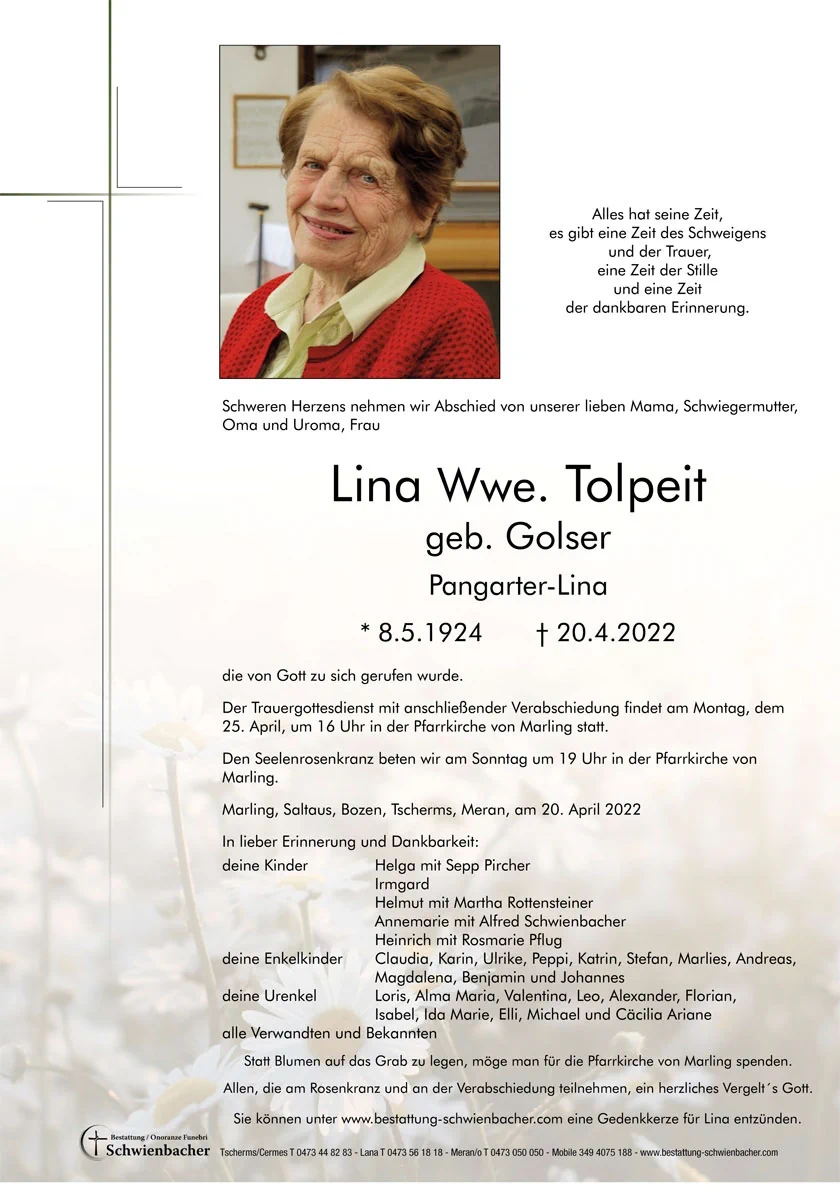 Parte: Lina Wwe. Tolpeit geb. Golser 