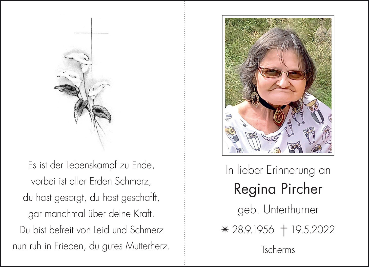 Sterbebild: Regina Pircher geb. Unterthurner