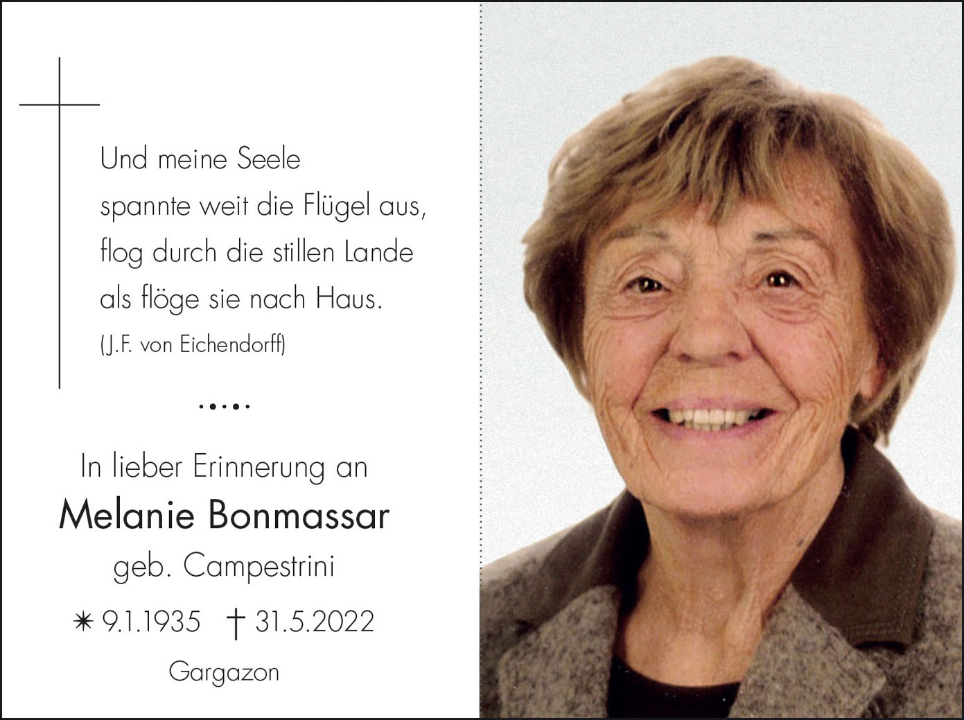 Sterbebild: Melanie Bonmassar geb. Campestrini