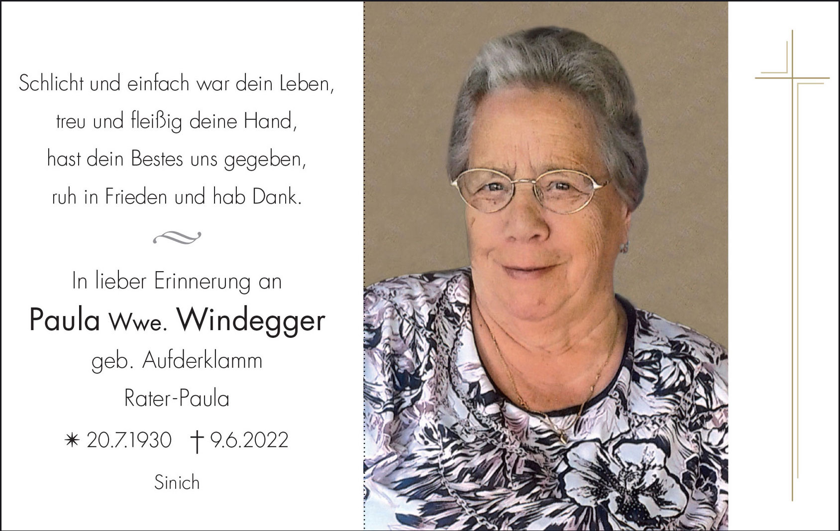 Sterbebild: Paula Wwe. Windegger geb. Aufderklamm