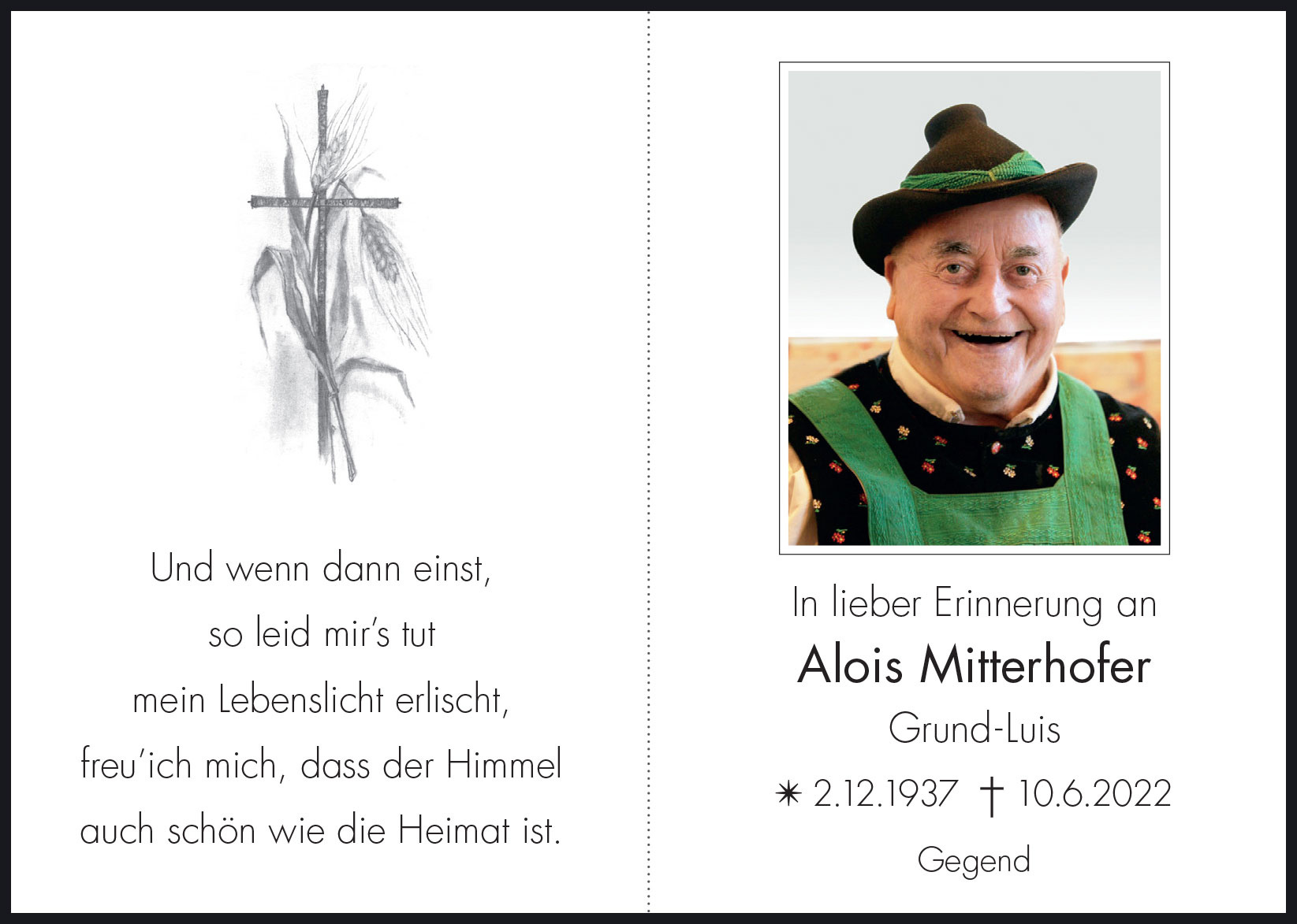 Sterbebild: Alois Mitterhofer