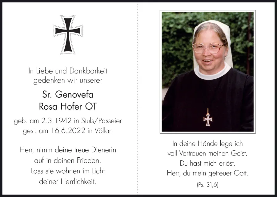 Sterbebild: Sr. Genovefa Rosa Hofer OT