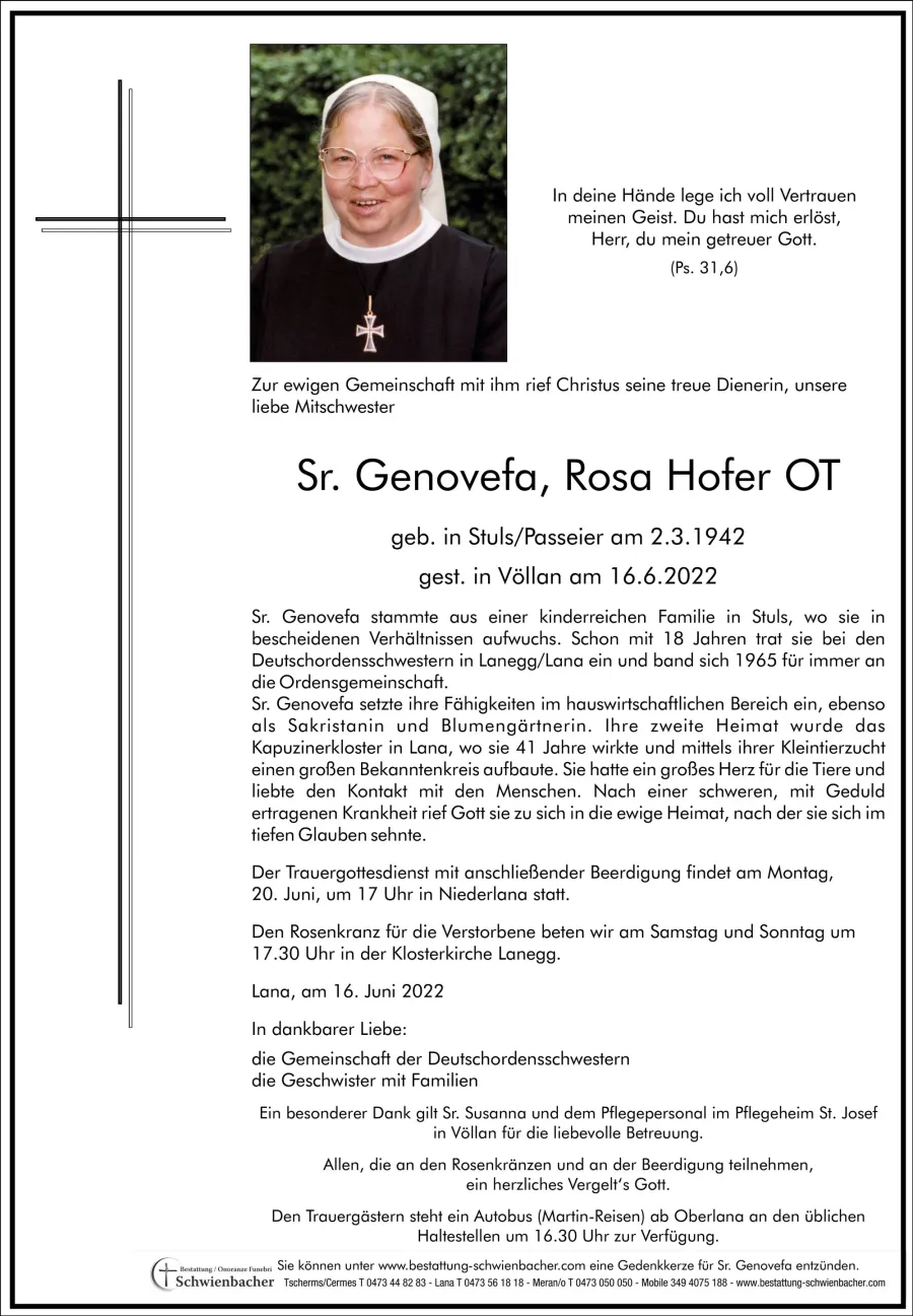 Parte: Sr. Genovefa Rosa Hofer OT