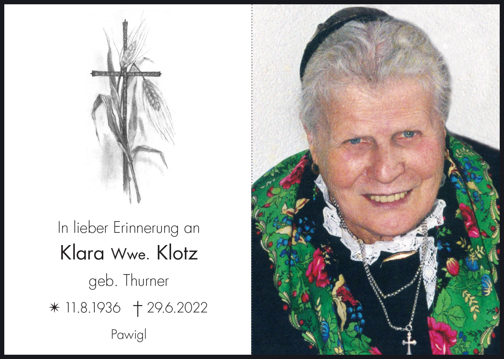 Sterbebild: Klara Wwe. Klotz geb. Thurner