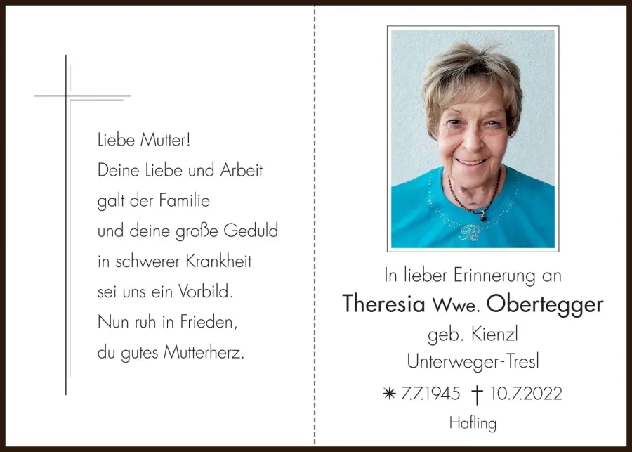 Sterbebild: Theresia Wwe. Obertegger geb. Kienzl