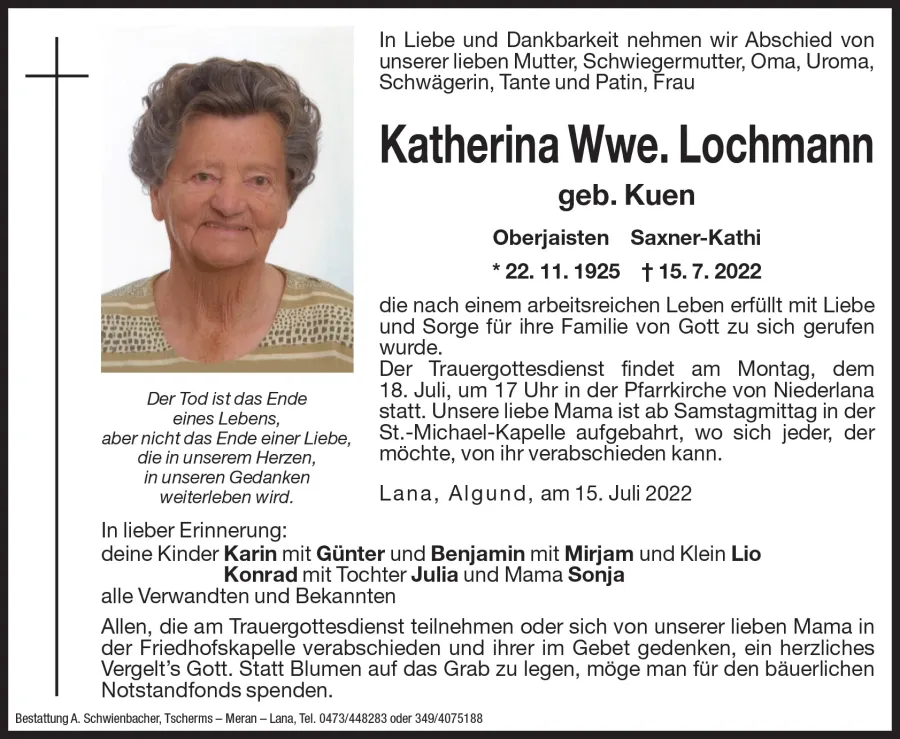 Medien: Katherina Wwe. Lochmann geb. Kuen