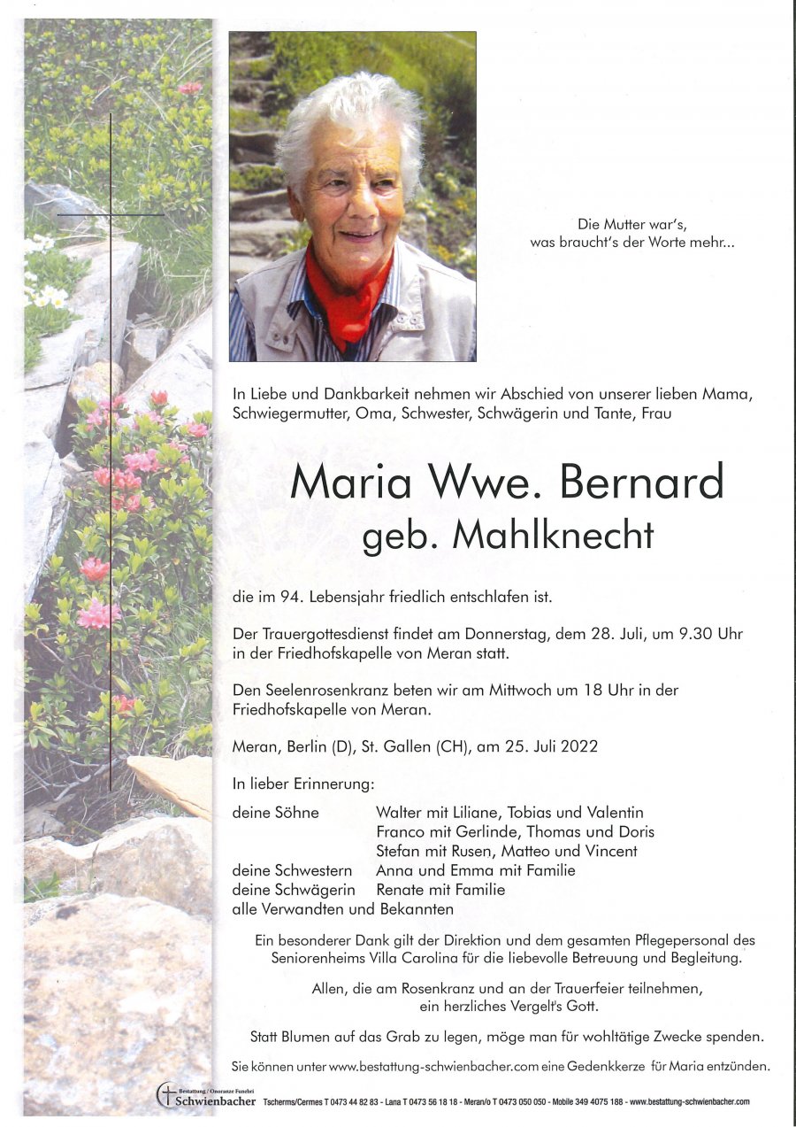Parte: Maria Wwe. Bernard geb. Mahlknecht