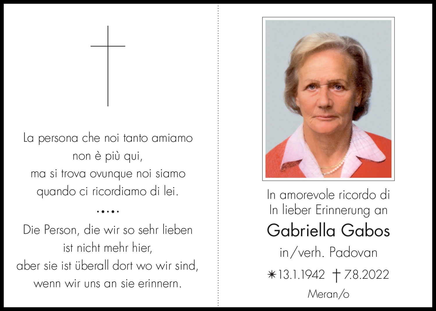Sterbebild: Gabriella Gabos in Padovan