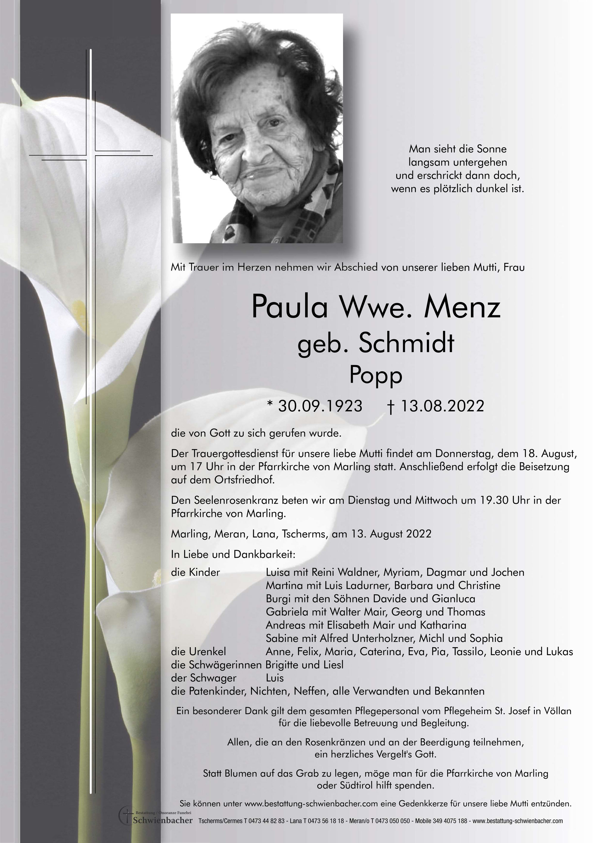 Parte: Paula Wwe. Menz geb. Schmidt 