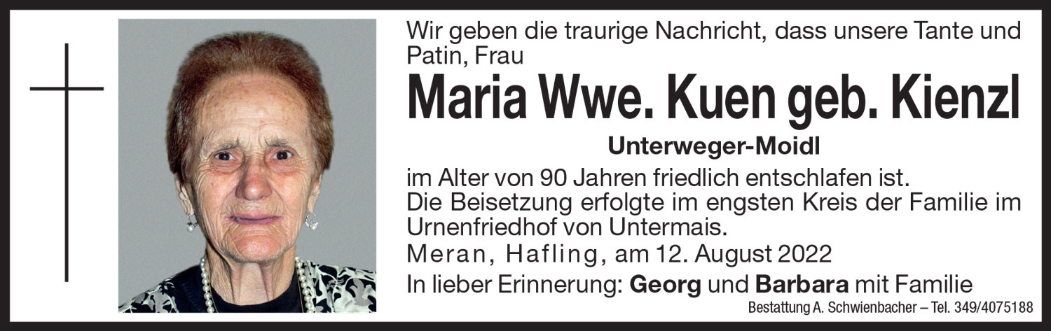 Medien: Maria Wwe. Kuen geb. Kienzl