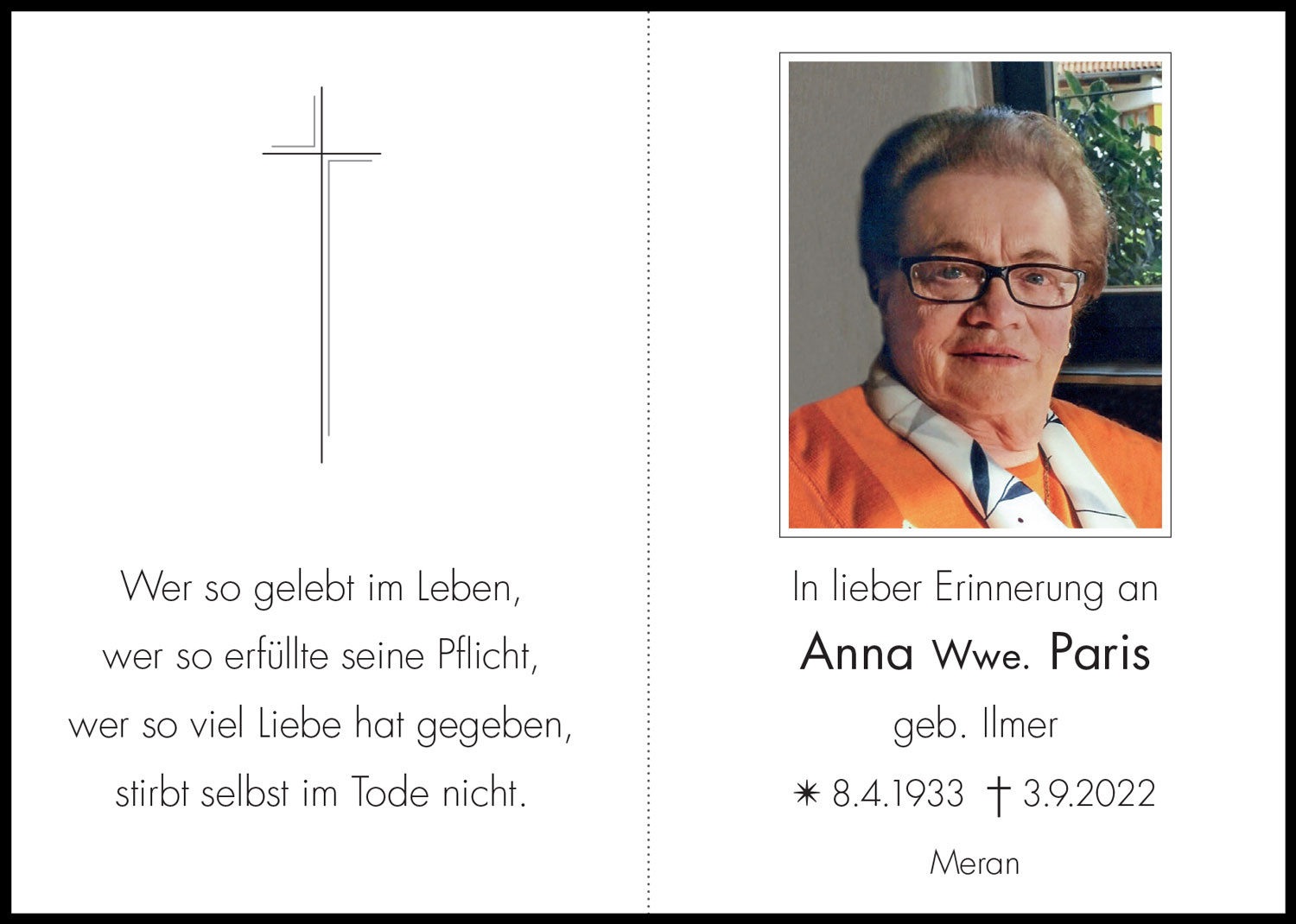 Sterbebild: Anna Wwe. Paris geb. Ilmer