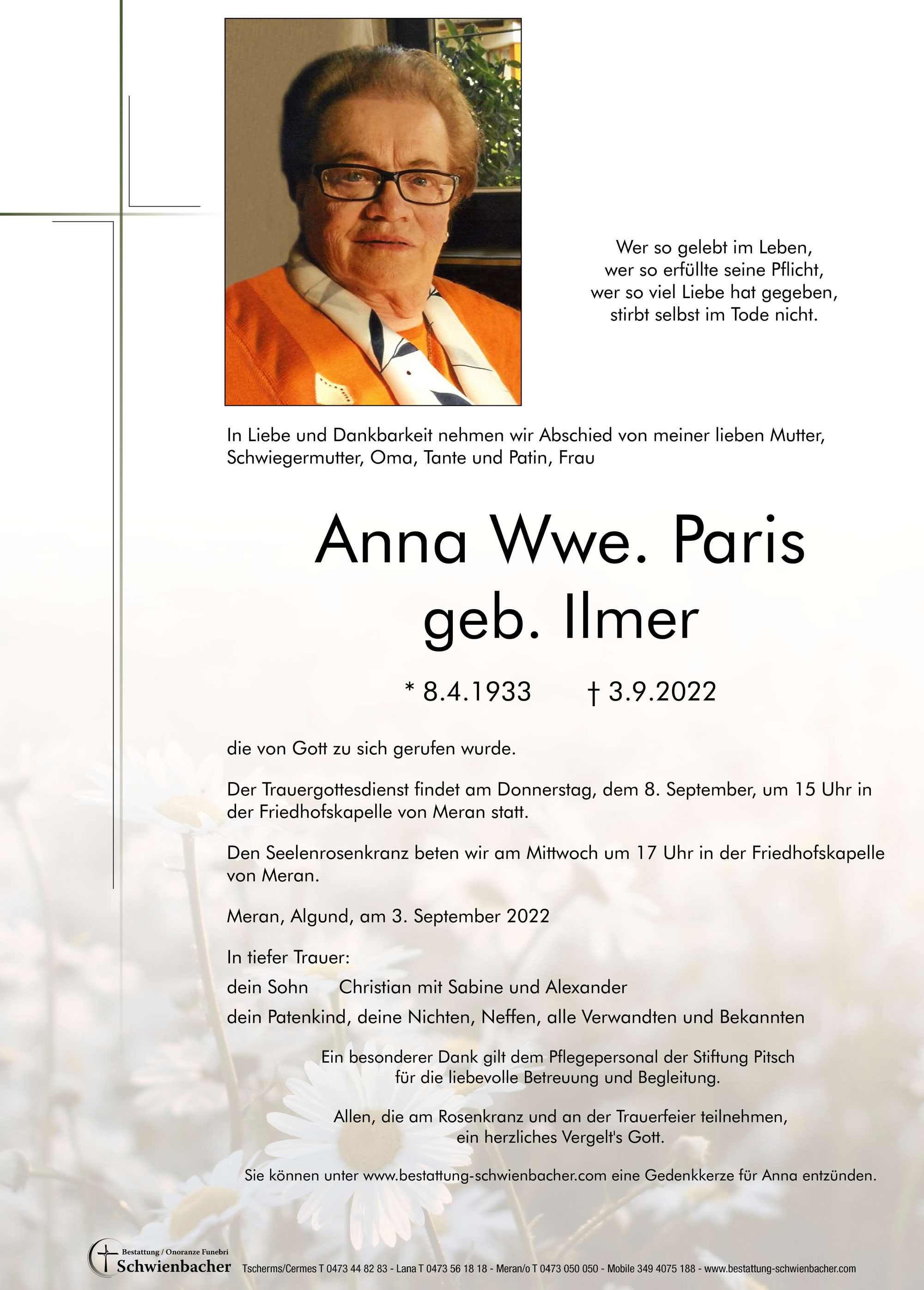 Parte: Anna Wwe. Paris geb. Ilmer 