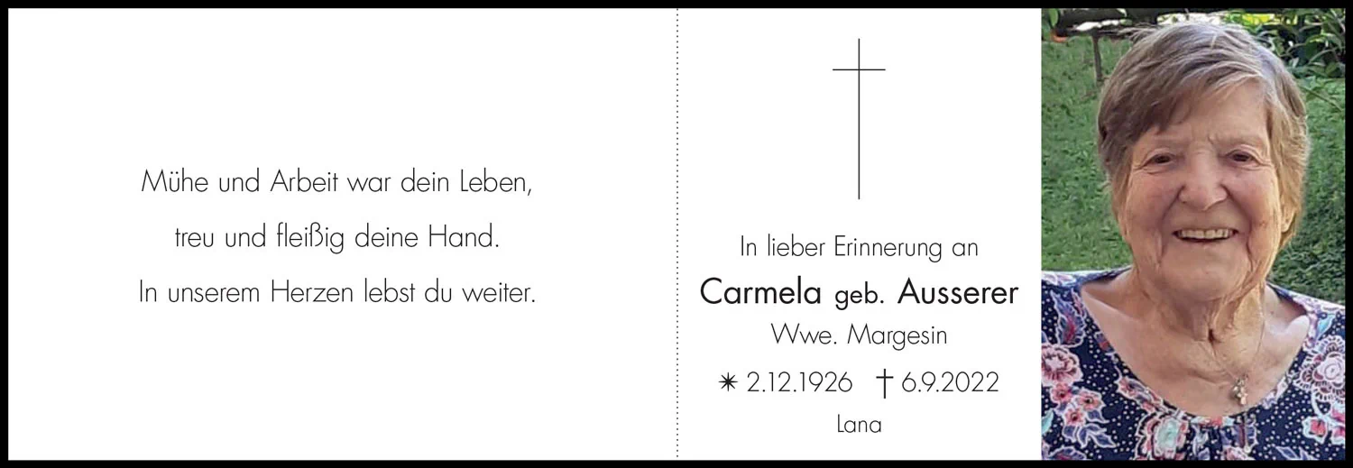 Sterbebild: Carmela Wwe. Margesin geb. Ausserer