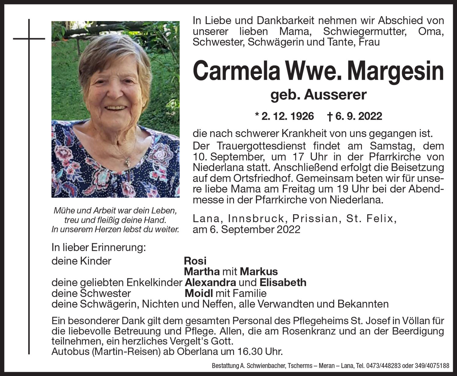 Medien: Carmela Wwe. Margesin geb. Ausserer