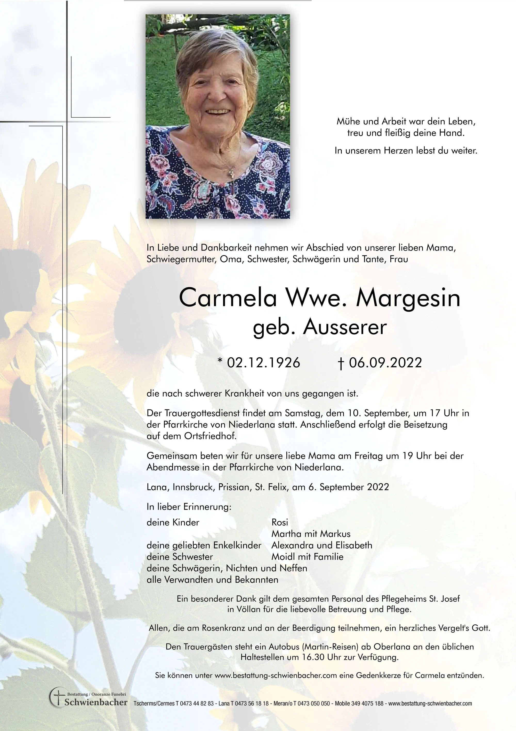 Parte: Carmela Wwe. Margesin geb. Ausserer 