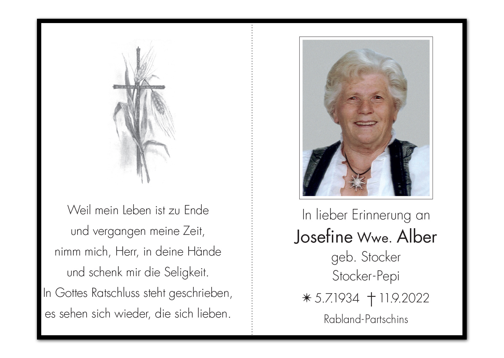 Sterbebild: Josefine Wwe. Alber  geb. Stocker 