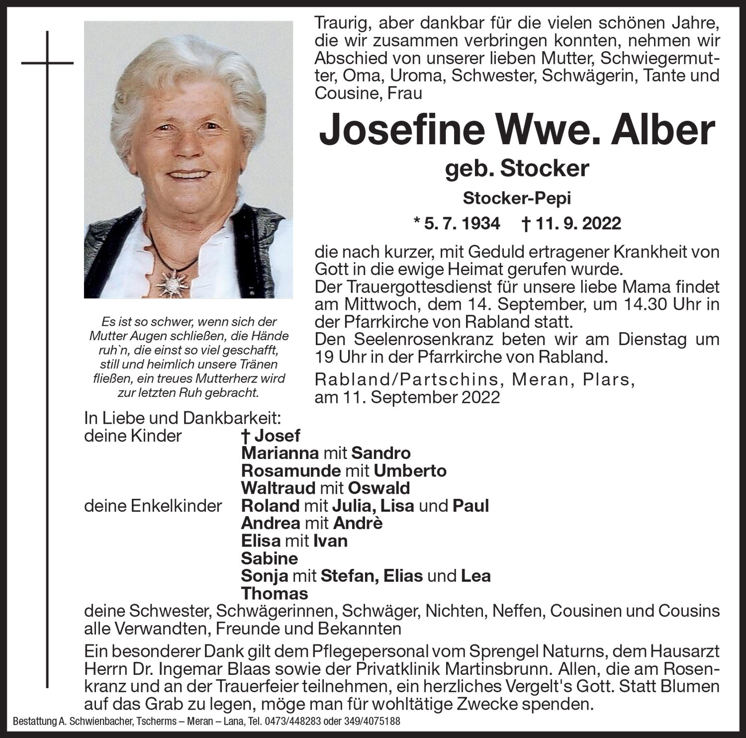 Medien: Josefine Wwe. Alber  geb. Stocker 
